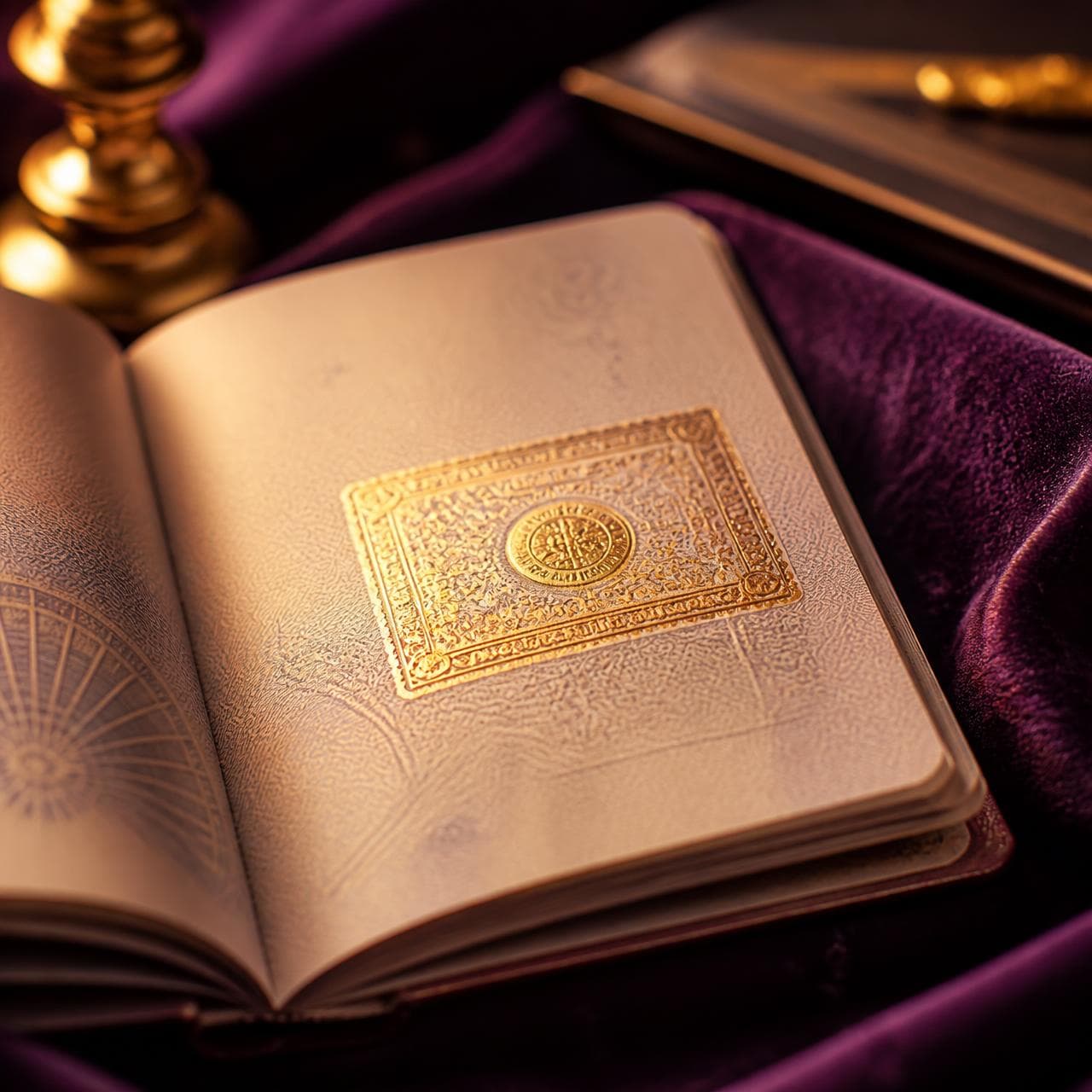 Passport page with an ornate gold visa stamp on purple velvet